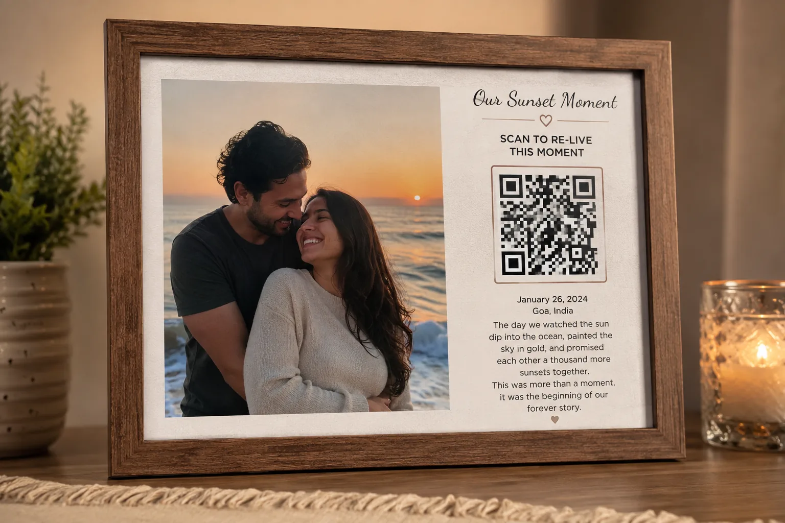 A handcrafted photo frame on a shelf, showing a couple at sunset with a QR code inset in the corner