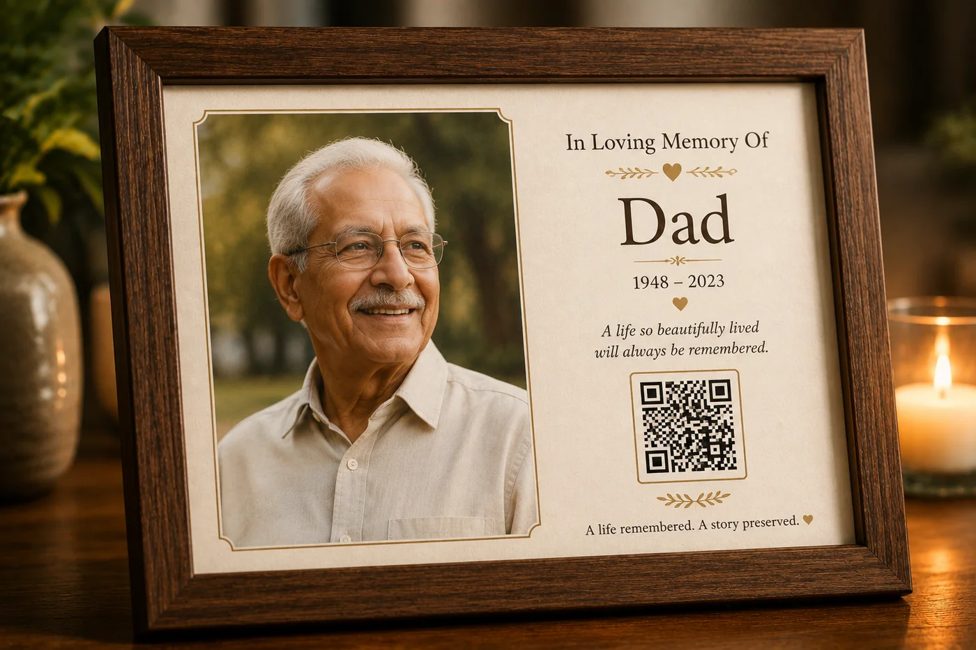 A complete wooden photo frame on a table, showing a portrait of an elderly man beside a memorial message and a QR code