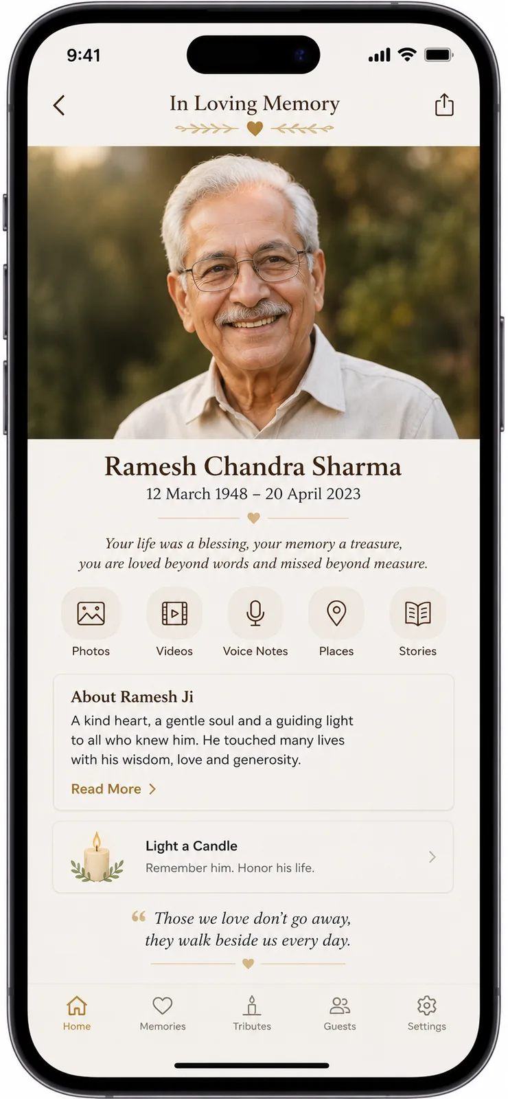 A phone screen showing a digital memorial page titled 'In Loving Memory' with his name and years