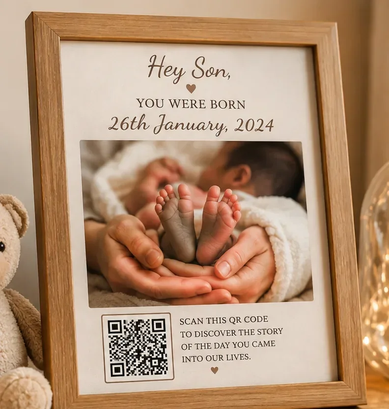 A wooden frame reading 'Hey Son, you were born' beside a photo of a newborn's feet cradled in his parents' hands